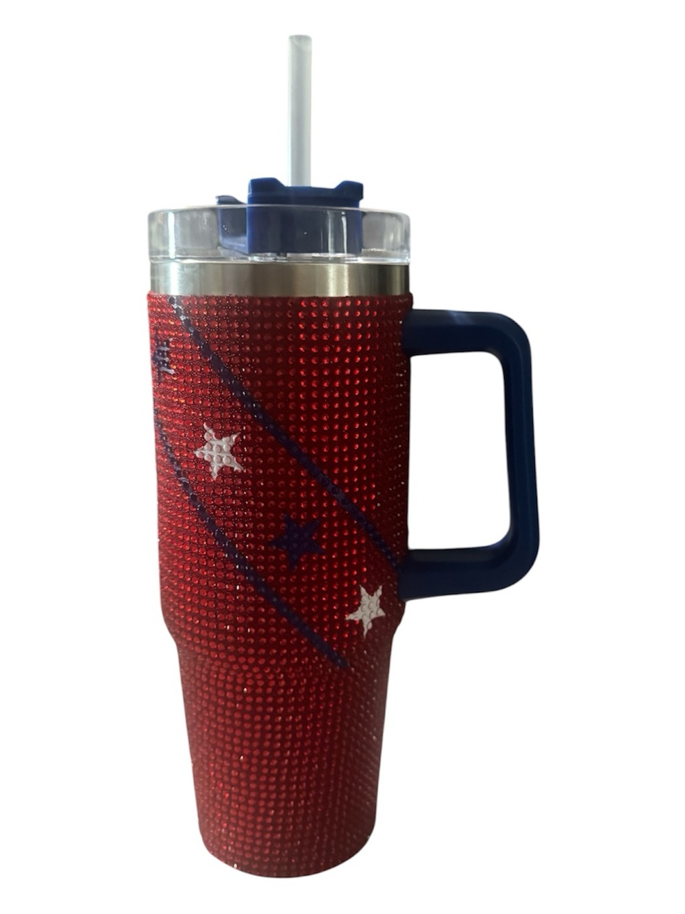 Embellished Red Travel Tumbler with Handle and Straw